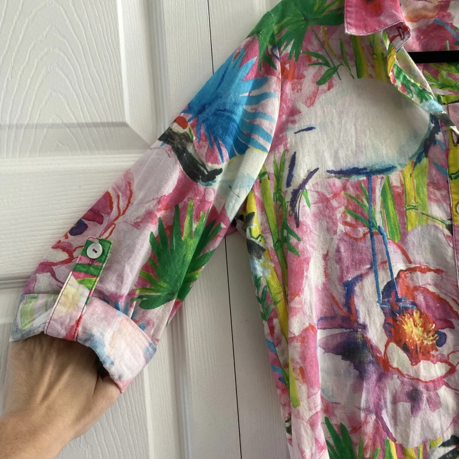 Soft Surroundings Women's Medium Colorful Button Up Casual Art to Wear Tropical - Image 3