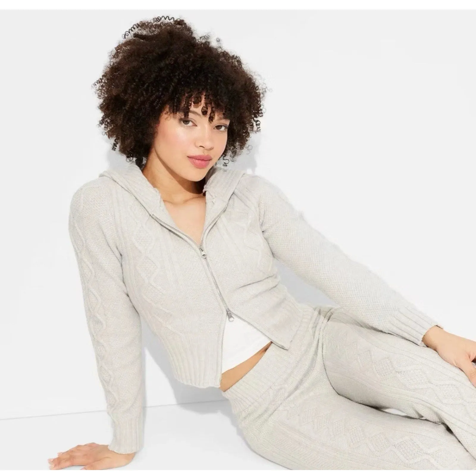 Wild Fable Women's Cable Zip Hoodie Sweatshirt Light Gray M NWT - Image 3