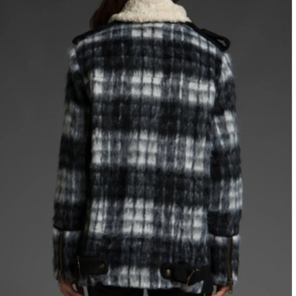 Plaid Sherpa Moto Jacket Checkered Tartan Fuzzy Teddy Biker Coat M - Image 3