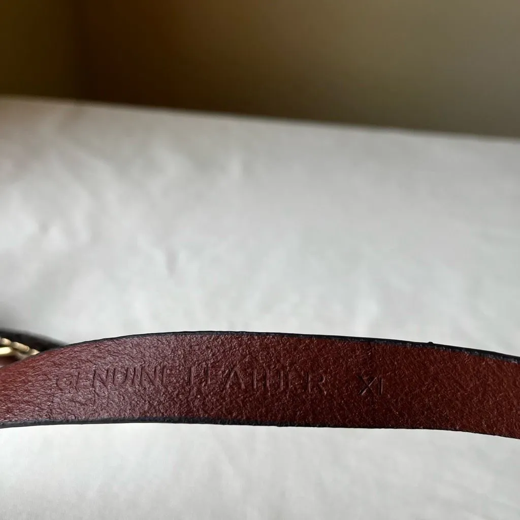 Retro Brown Leather Skinny Belt Gold Tone Floral Embossed Buckle Boho Western XL - Image 4