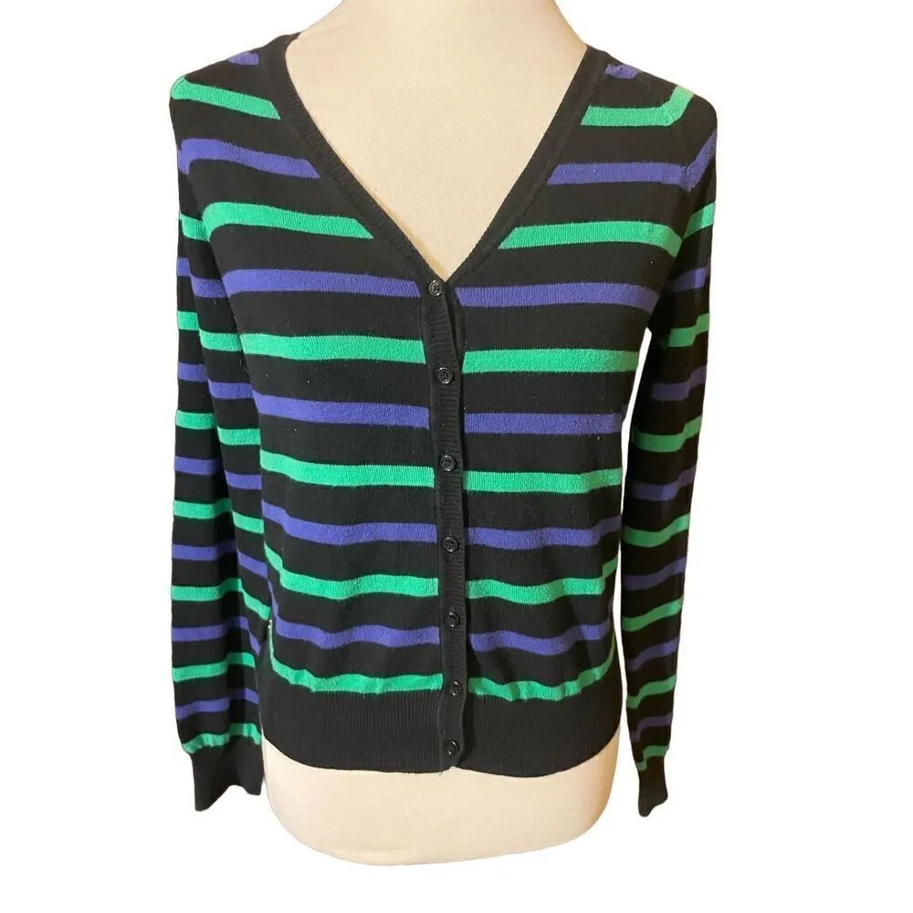 XXI Womens Cardigan Sweater Stripe Long Sleeve Button Front V Neck Blue Large - Image 2