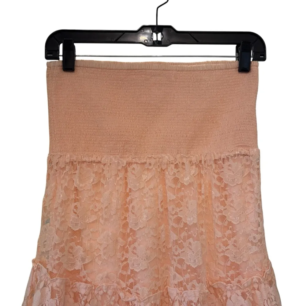 Venus Smocked Waist Peach Lace Tiered High Low Skirt, Sz S - Image 5