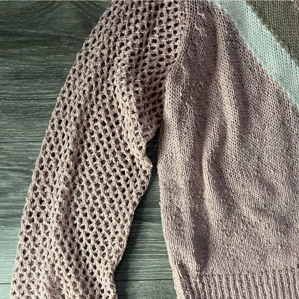 Show Me Your Mumu Pink Brown Knit Crochet Bubbly Sleeve V Neck Sweater Size S - Image 3