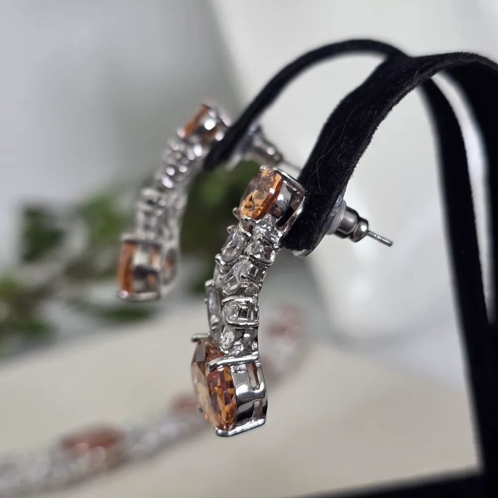 Silver Rhodium with Orange And Clear Zirconia Neckalce and Earrings Set - Image 12