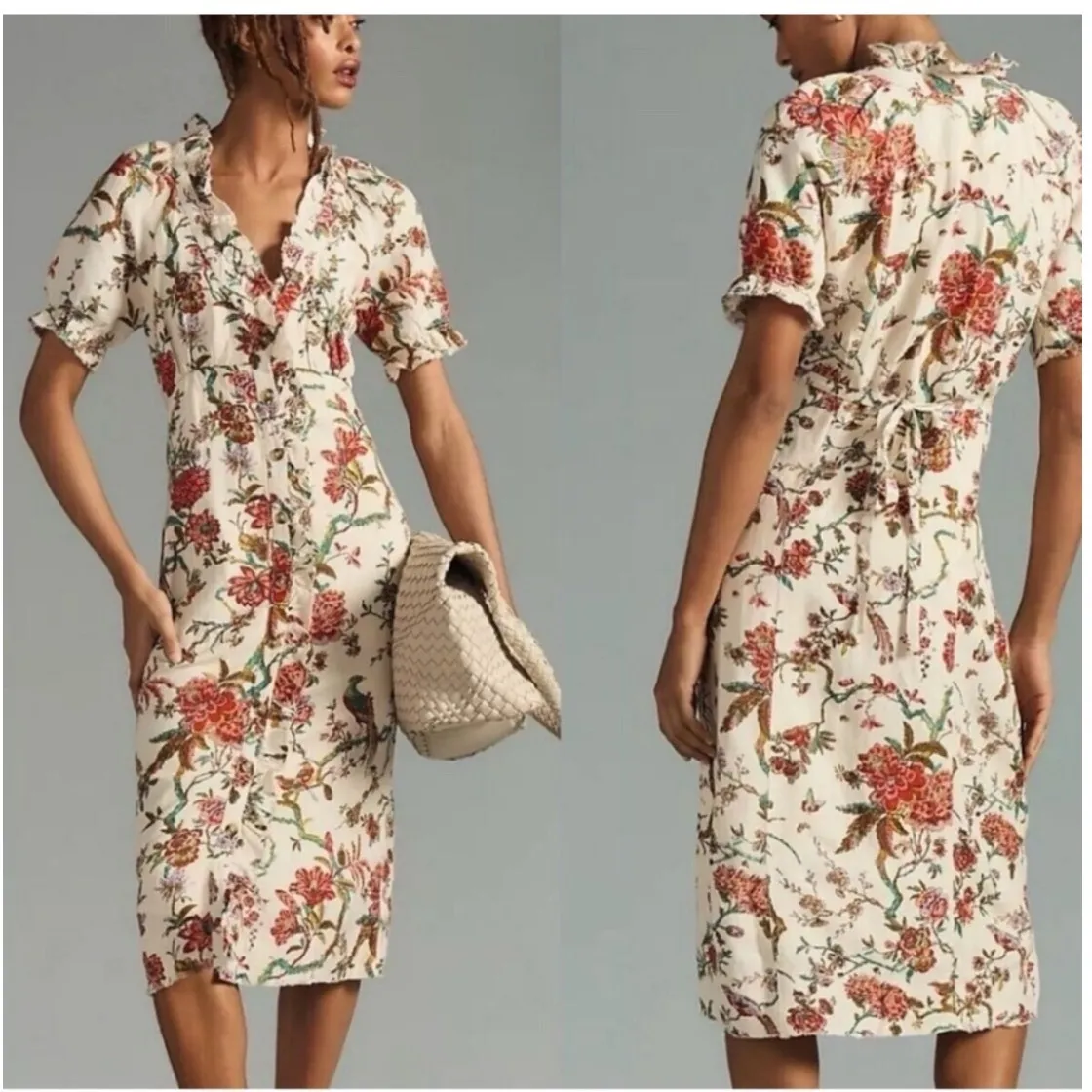 PILCRO Anthropologie Ruffle-Collar Buttondown Dress Midi Linen Blend Size 00P - Image 2