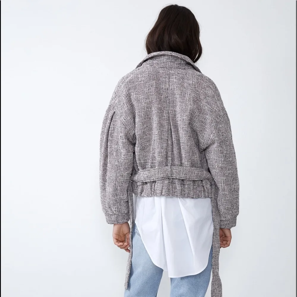 Zara TWEED PLEATS SHOULDERS JACKET W/ POCKETS & BELT PINK SIZE L NWT - Image 9