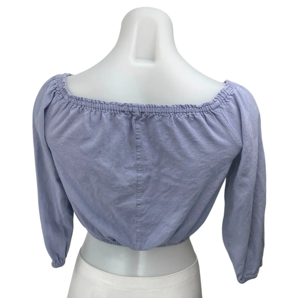 Brandy Melville Blue Linen Short Puff Sleeve Boat Neck Crop Blouse Top Size S - Image 2