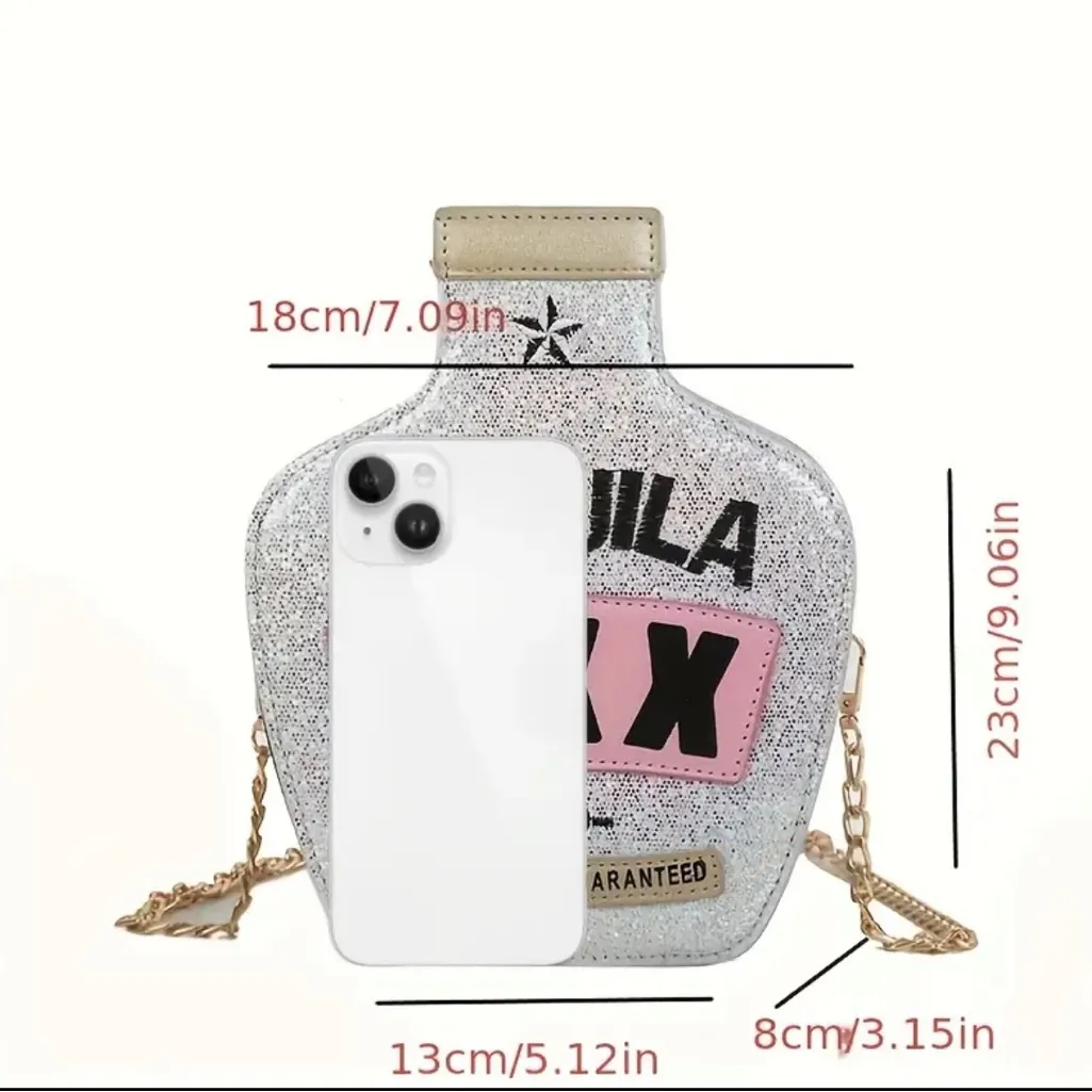 Tequila Bottle Crossbody Purse – Sparkly Novelty Bag with Pink Embroidered Strap - Image 4
