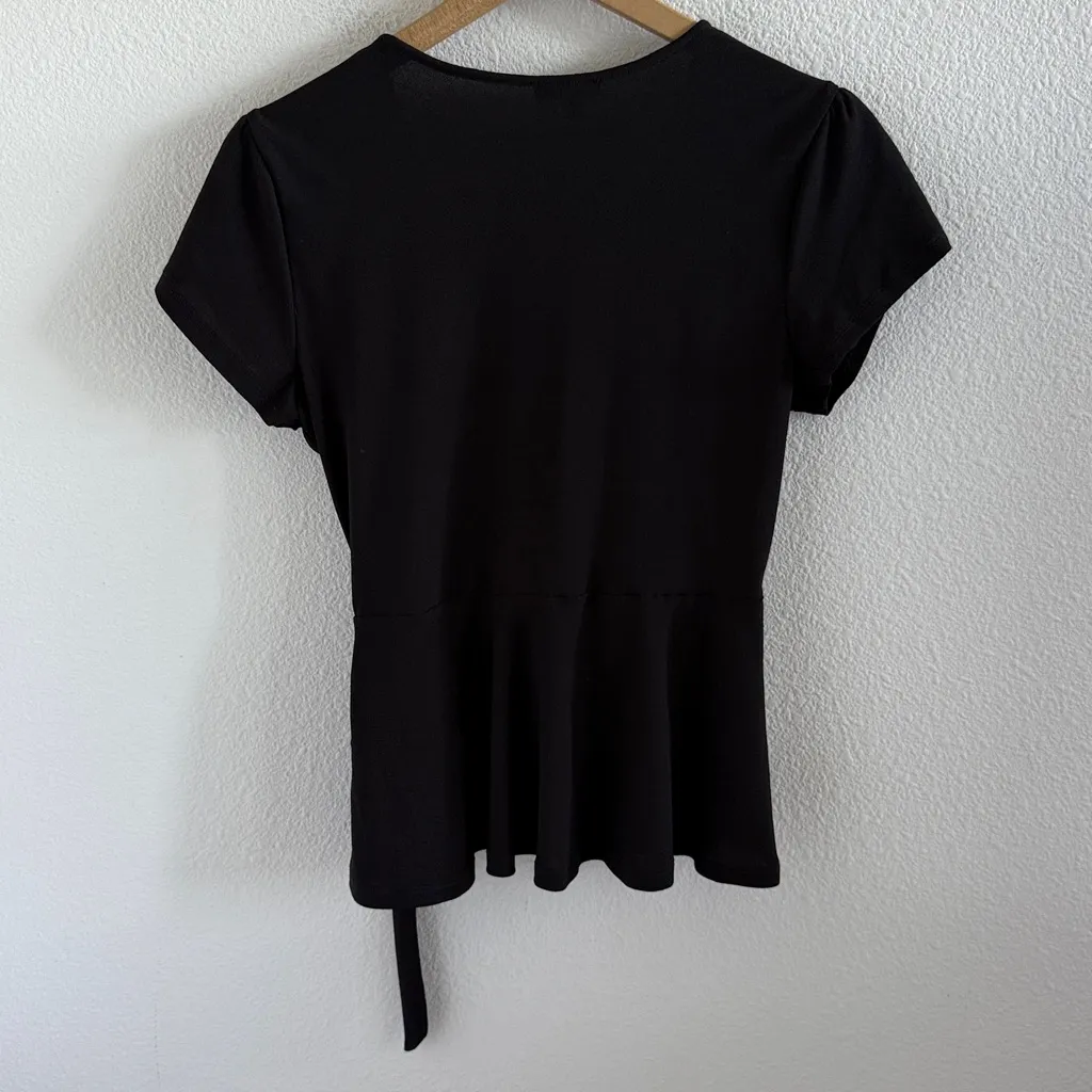 AUW Black Wrap Blouse with Flutter Short Sleeve Small - Image 2