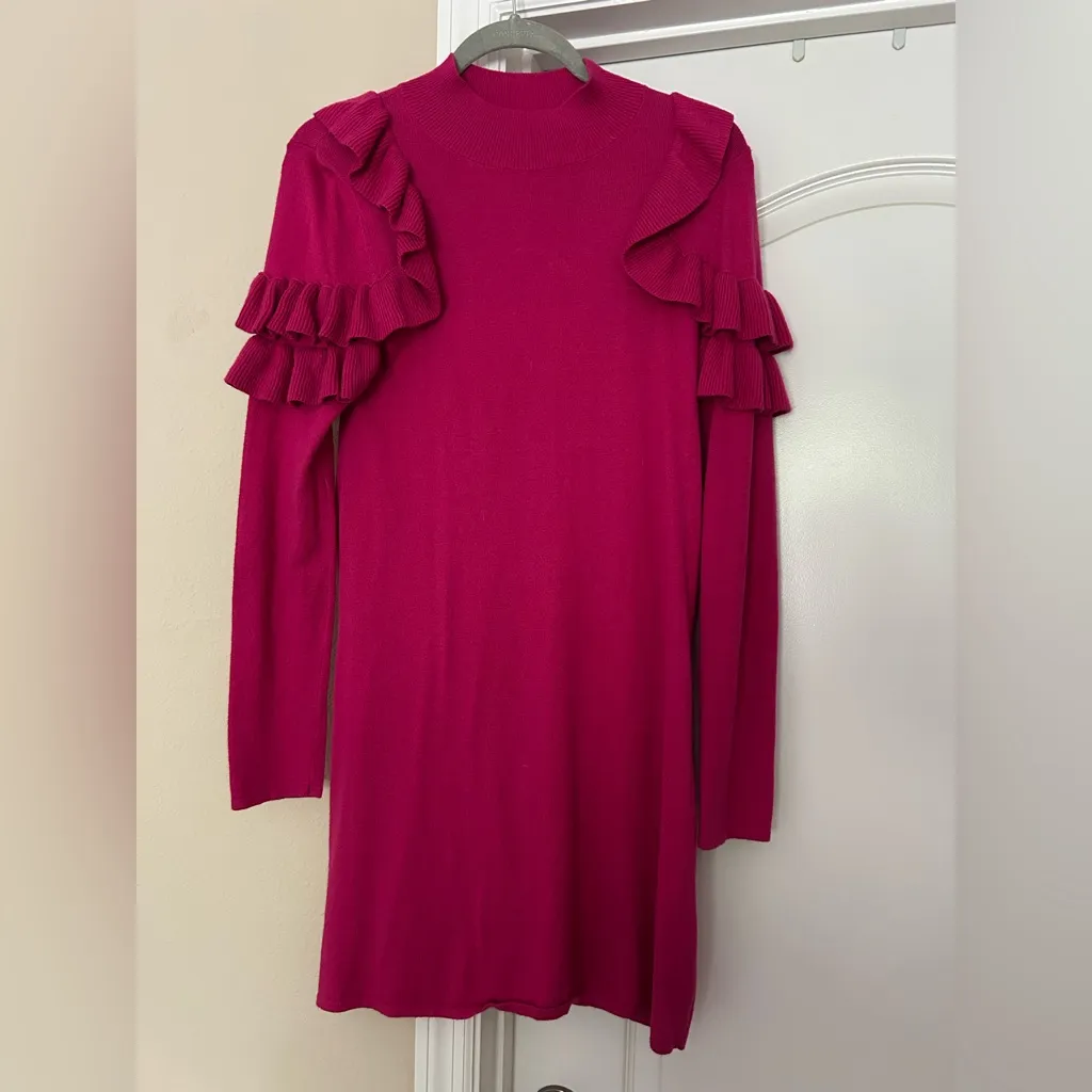 ASOS Fuchsia Long Sleeve Sweater Dress with Ruffle Shoulder Detail - Image 2