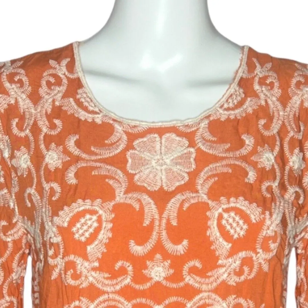Solitaire Women's Blouse Orange Cream Embroidered Elbow Sleeve Scoop Neck Size S - Image 5
