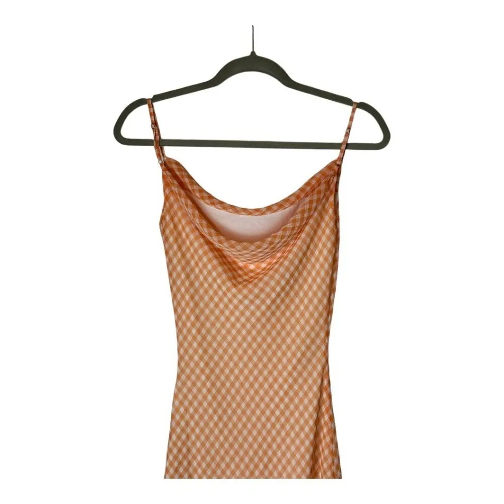 LPA Revolve Dress Women XXS Orange White Gingham Check Cowl Neck Front Slit Midi - Image 5