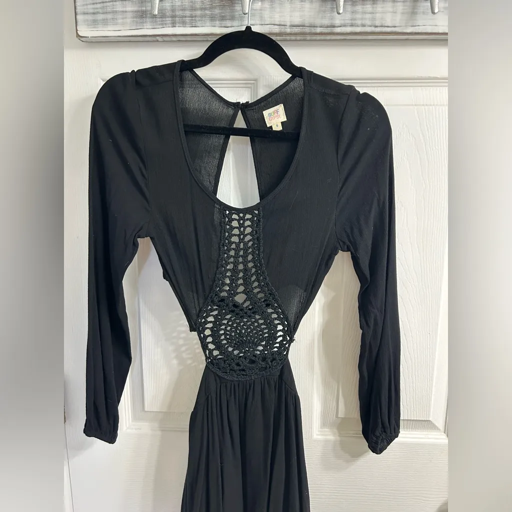 Surf gypsy black crochet cut out front rayon crinkle boho bohemian mini dress - Image 7