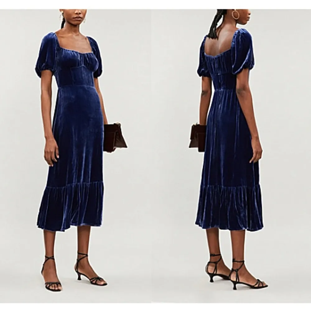 Reformation • Suzanne Dress blue silk velvet Danube midi puff sleeve ruffle hem - Image 15