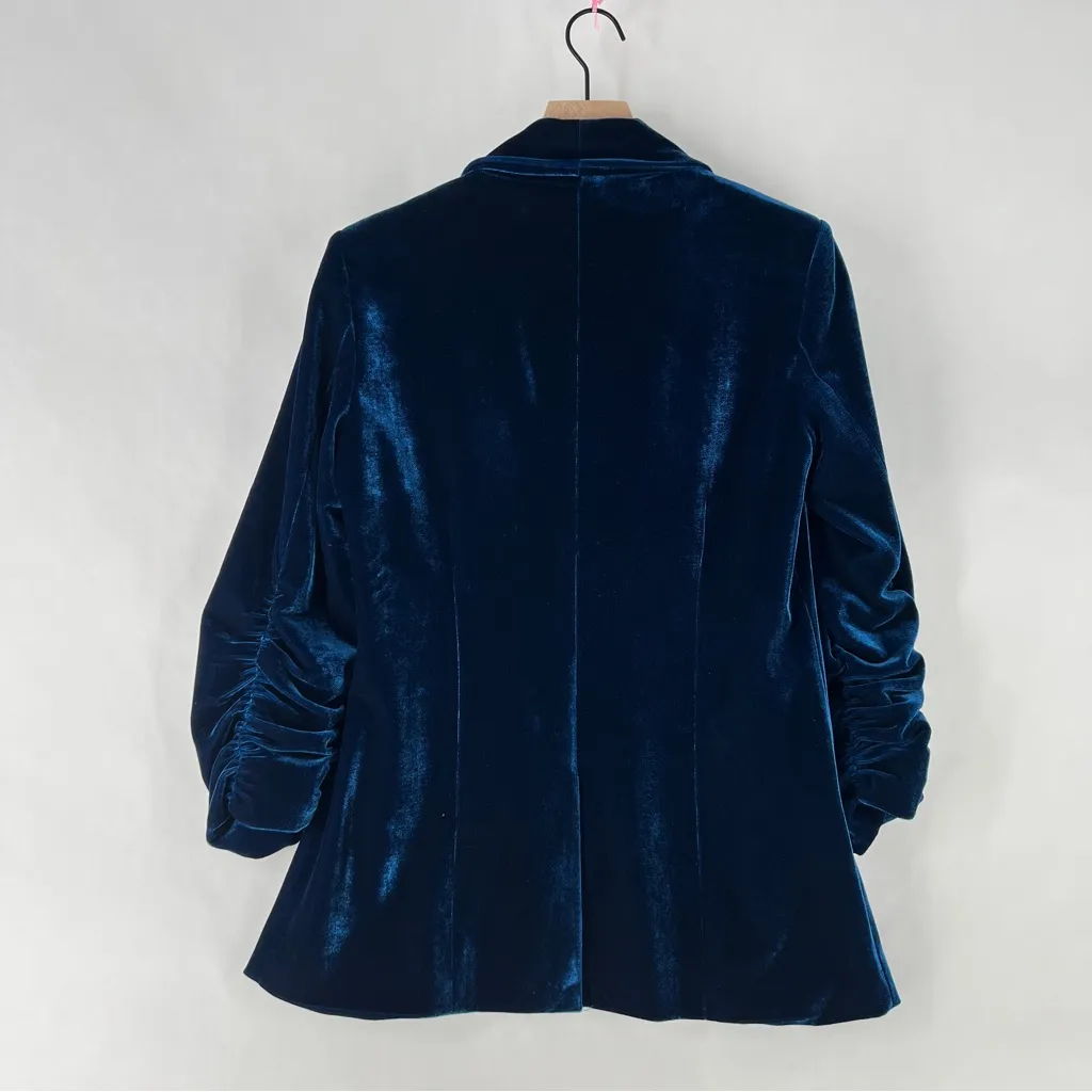 SEDGE Midnight Blue Velvet Womens Blazer Ruched 3/4 Sleeve‎ 1 Button Size XS - Image 10