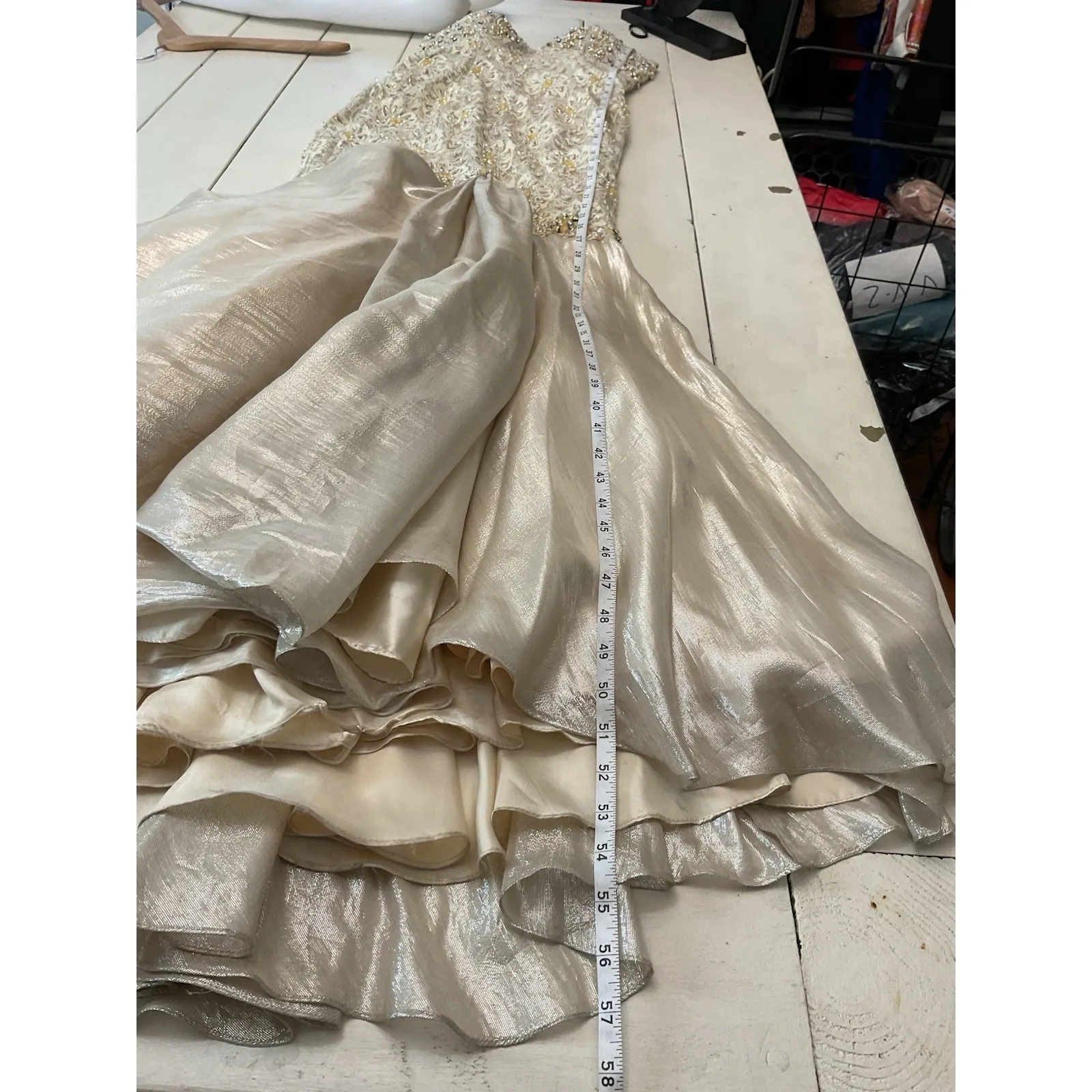 Mac Duggal Couture Beaded Strapless Gown Womens 4 Champagne Lace Mermaid Formal - Image 7