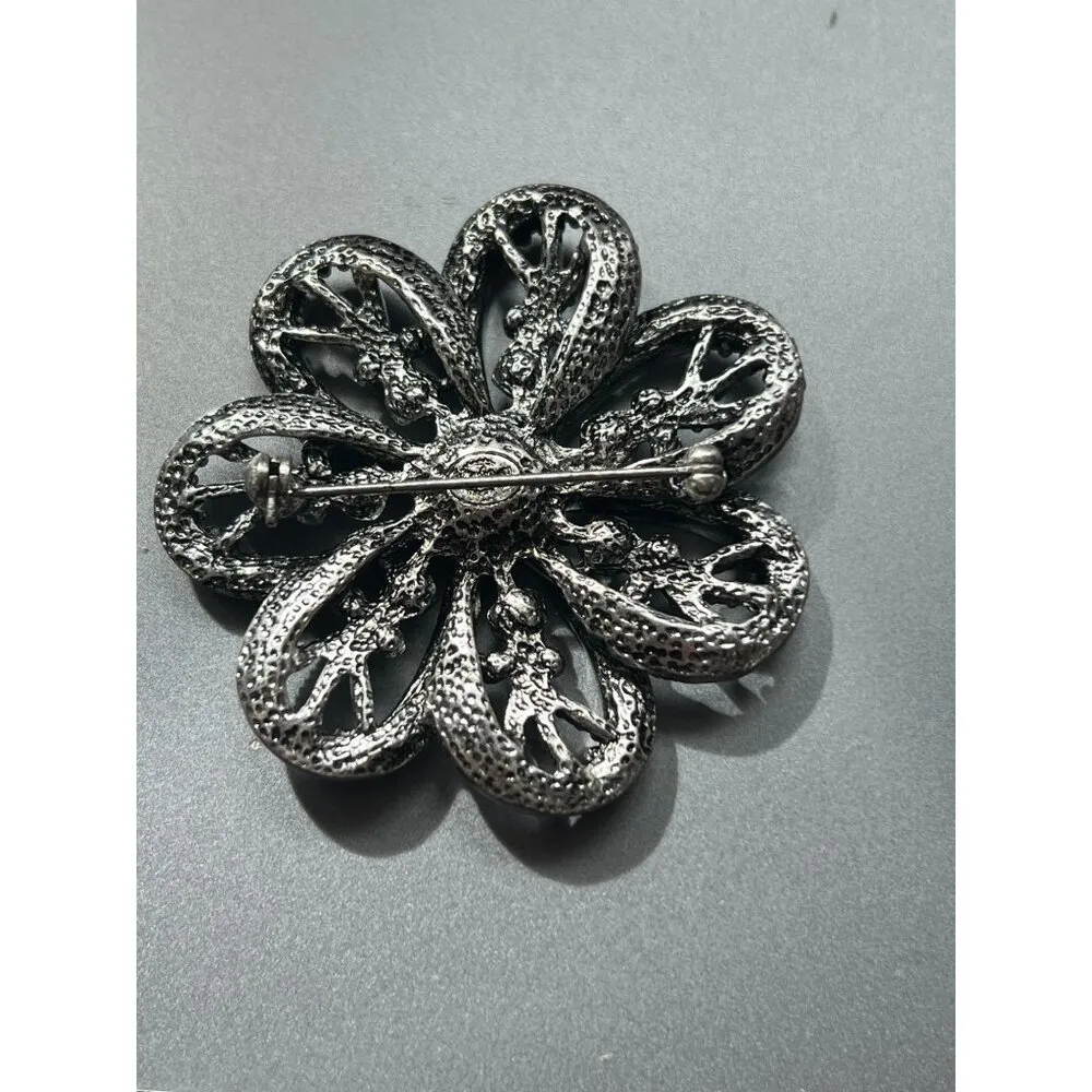 Vintage Premier Designs Flower Brooch Pin Silver Tone Crystals Open Work 2" - Image 4