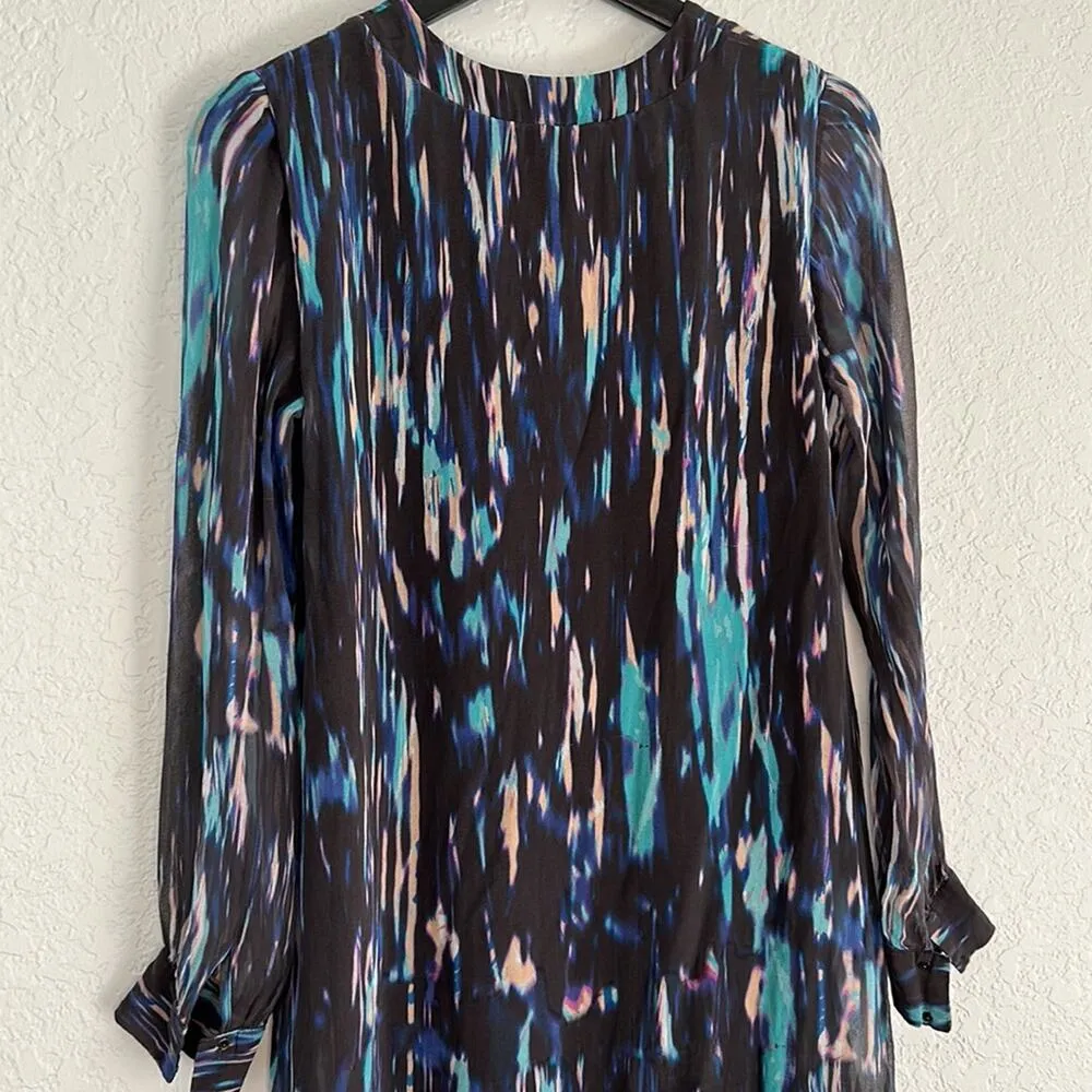 Rory Beca Silk Mini Dress Blue Watercolor Artsy Long Sleeve Date Night Fall Goth - Image 6