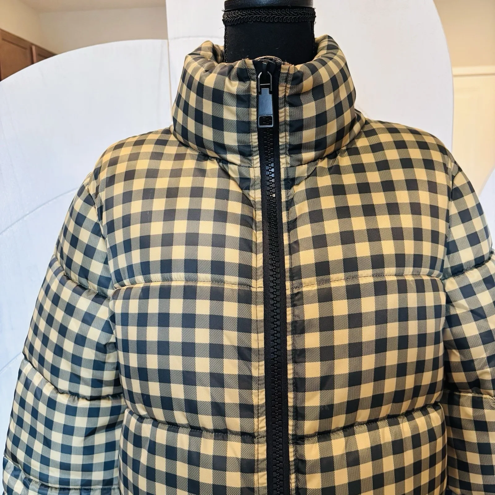 Rebecca Minkoff Puffer Coat Jacket Yellow Black Gingham Buffalo Plaid size Small - Image 8