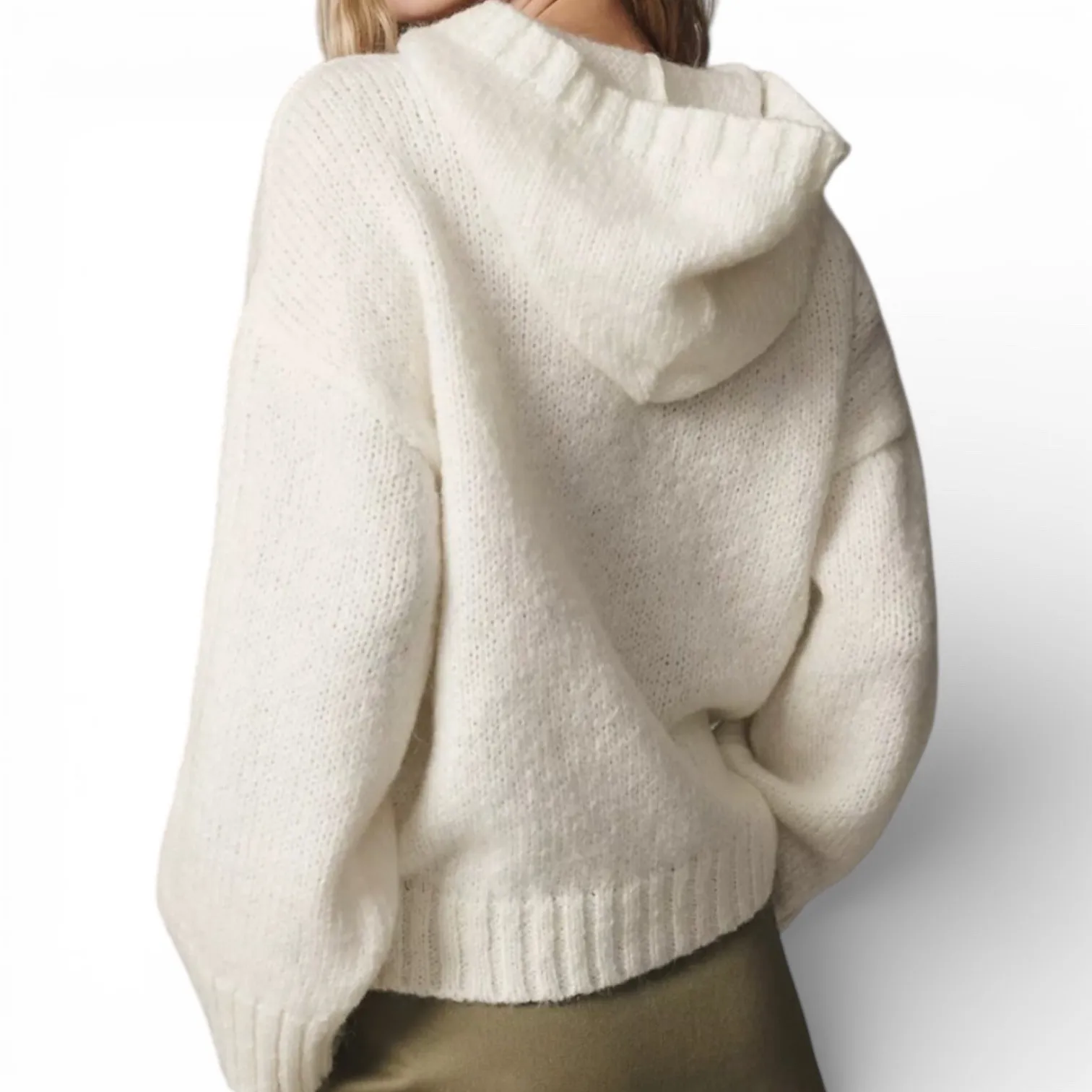 PILCRO Anthropologie Cream Chunky Knit Oversized Hoodie Sweater Women Large - Image 4