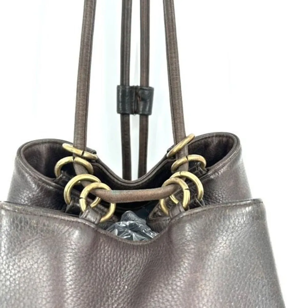 Stone‎ Mountain Dark Chocolate Brown Pebbled Leather Brass Grommet Bucket Bag - Image 4