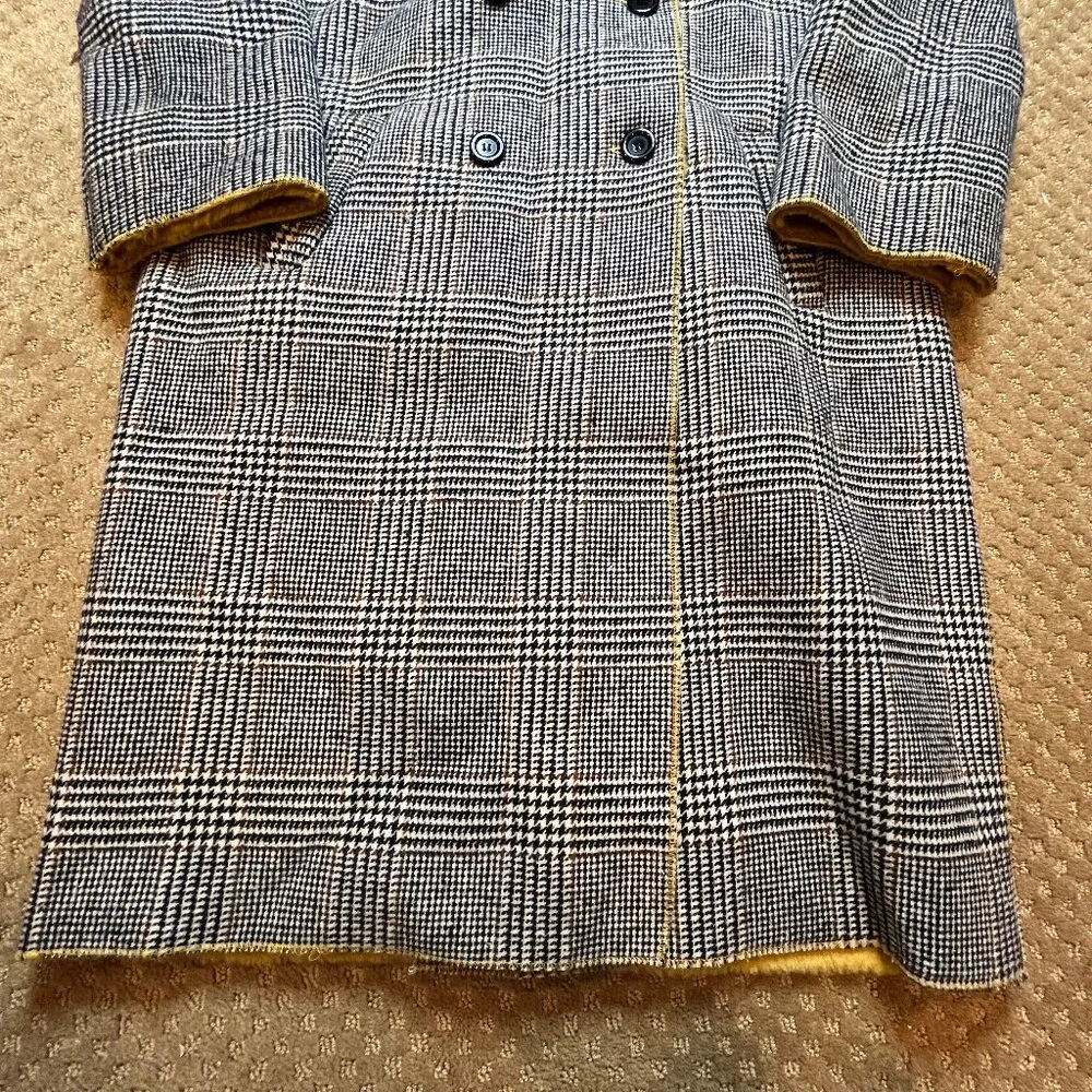 Dolce Cabo Black Herringbone Plaid Dad Oversized Boyfriend Yellow Gold Fur Coat Size M - Image 2