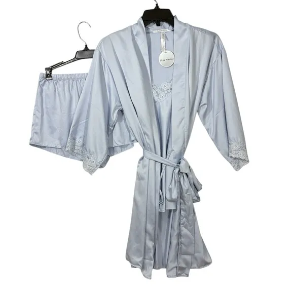 Flora Nikrooz NWT S$78 onia Blue Lace‎ Robe and Shorts Travel Set S - Image 3