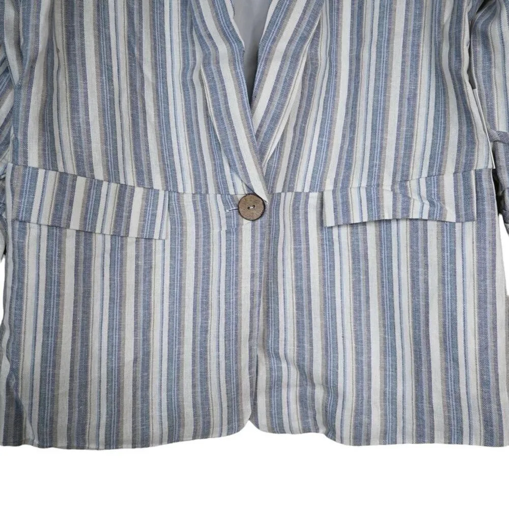 Ellen Tracy Womens M Ruched Sleeve Linen Blend Blazer in Linen White Stripe NEW - Image 7