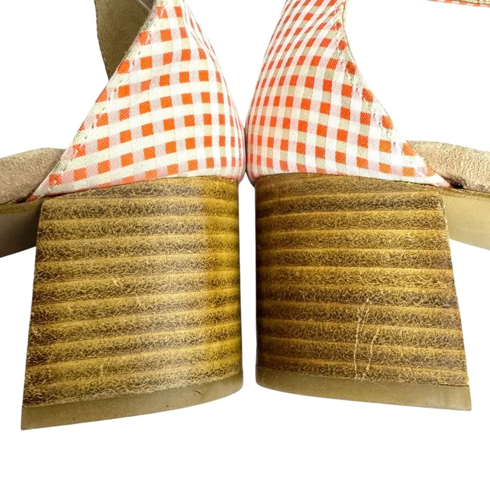 Anthropologie Gingham Ankle Strap Heeled Sandals Size 39 US 8.5 Orange Pink - Image 14