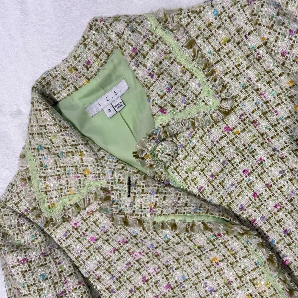 Green Yellow and Pink Tweed Jacket with Fringe Trim Size 4 - Image 4