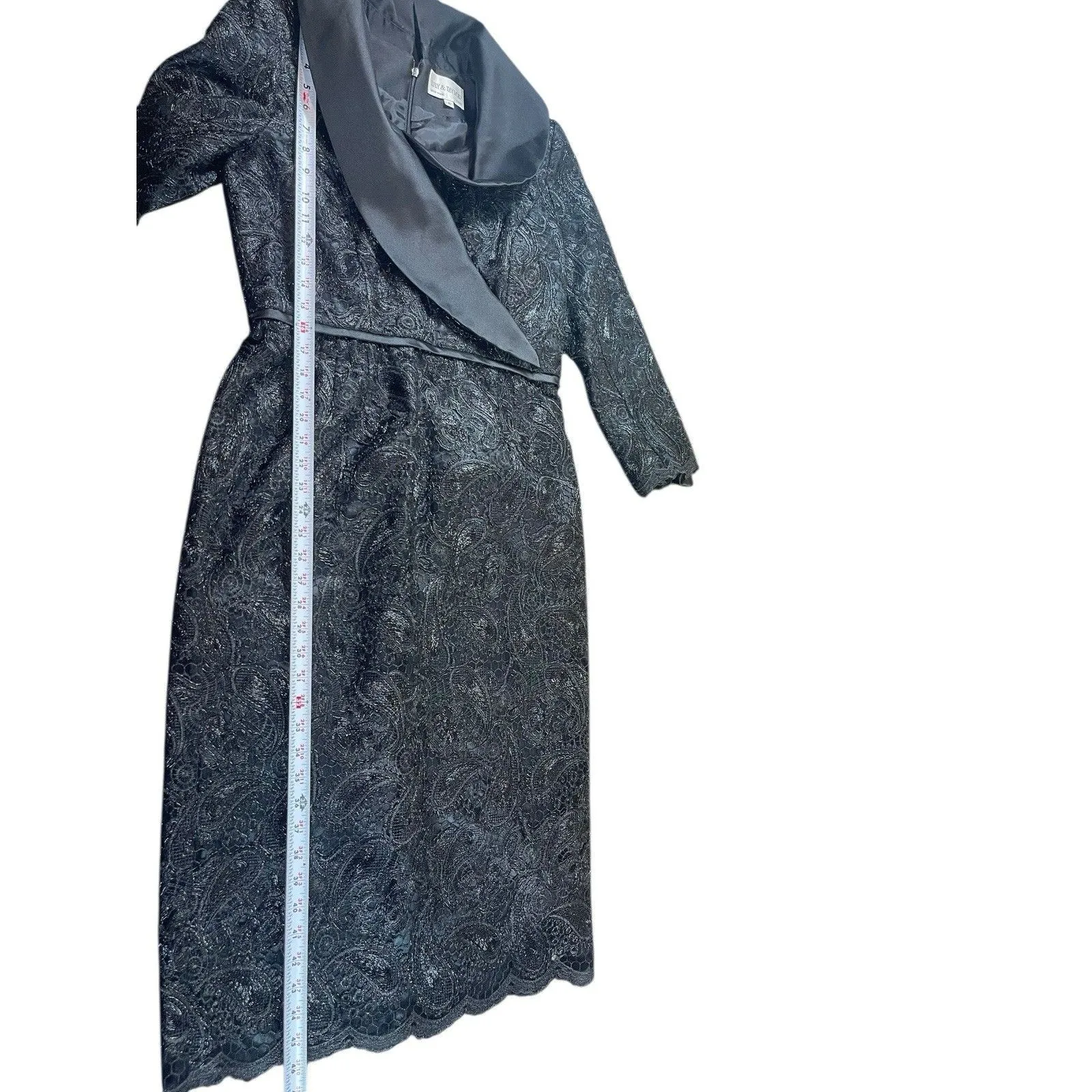 Lily & Taylor Black Lace Formal Dress Women’s 6 Satin Shawl Collar Midi Evening Size 20W - Image 8