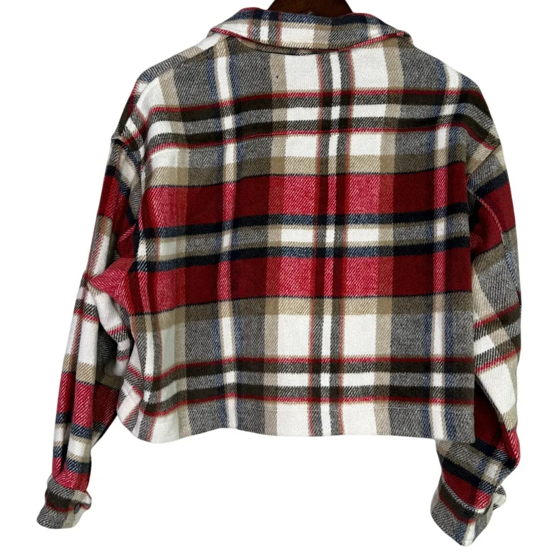 ZARA Cropped Oversized Plaid Shacket Jacket Button Down Pockets XS Red White - Image 13