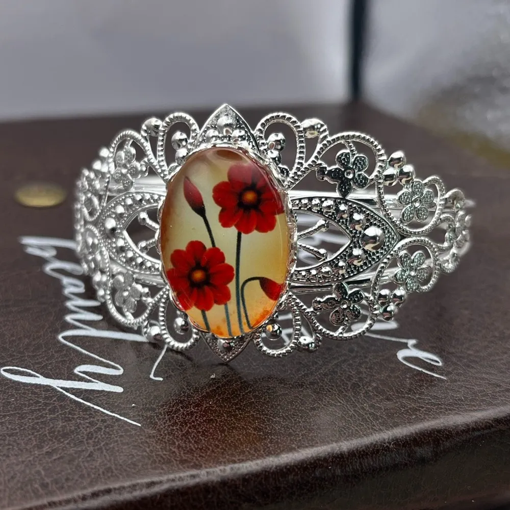 Red Floral Glass Cabochon Silver Filigree Cuff Bracelet - Image 3