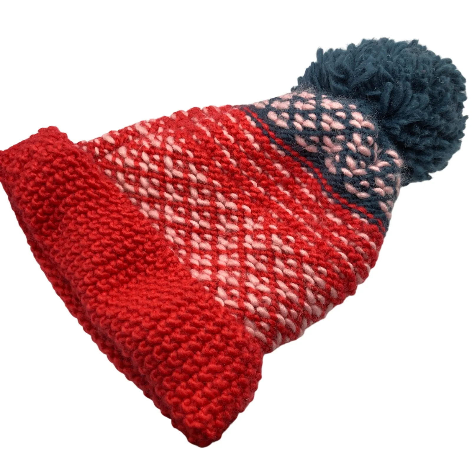 Orage Adult M Red & Blue Diamond Chunky Knit Fleece Lined Beanie Ski Outdoor Size M - Image 2