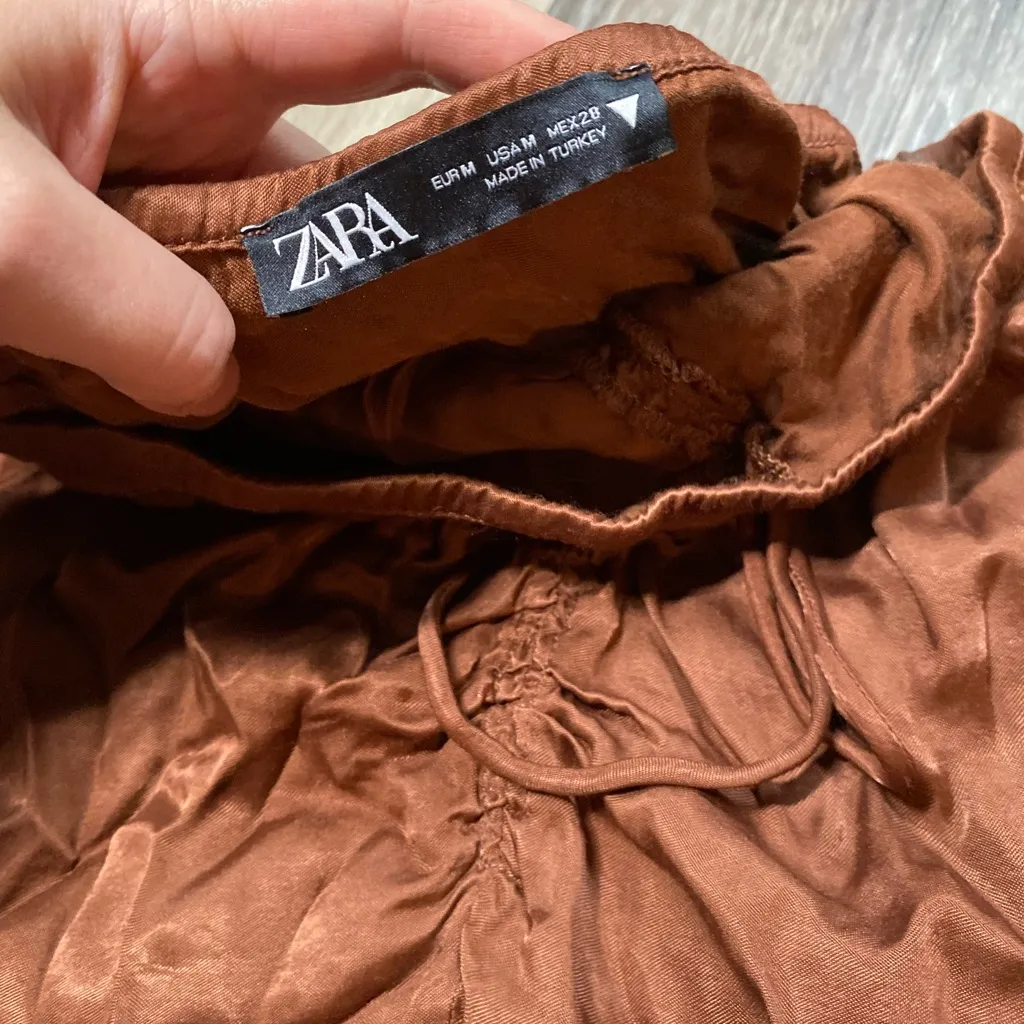 Zara Chocolate Brown Silk Cinched‎ Front Slit Maxi Midi Skirt Medium Island Girl - Image 6