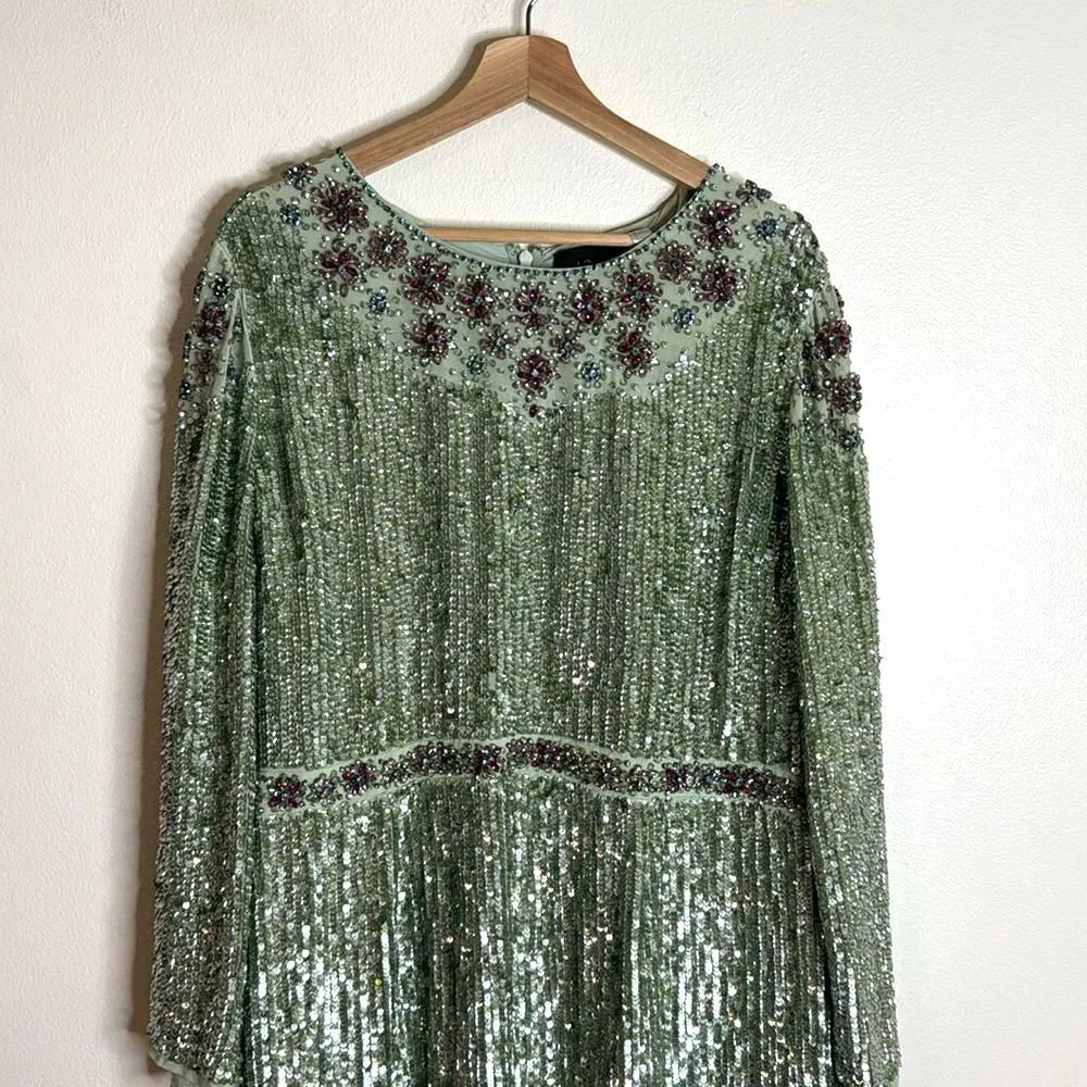 MAC DUGGAL 93568 Sage Green floral tea length  Dress Embellished Long Sleeve 18 - Image 4