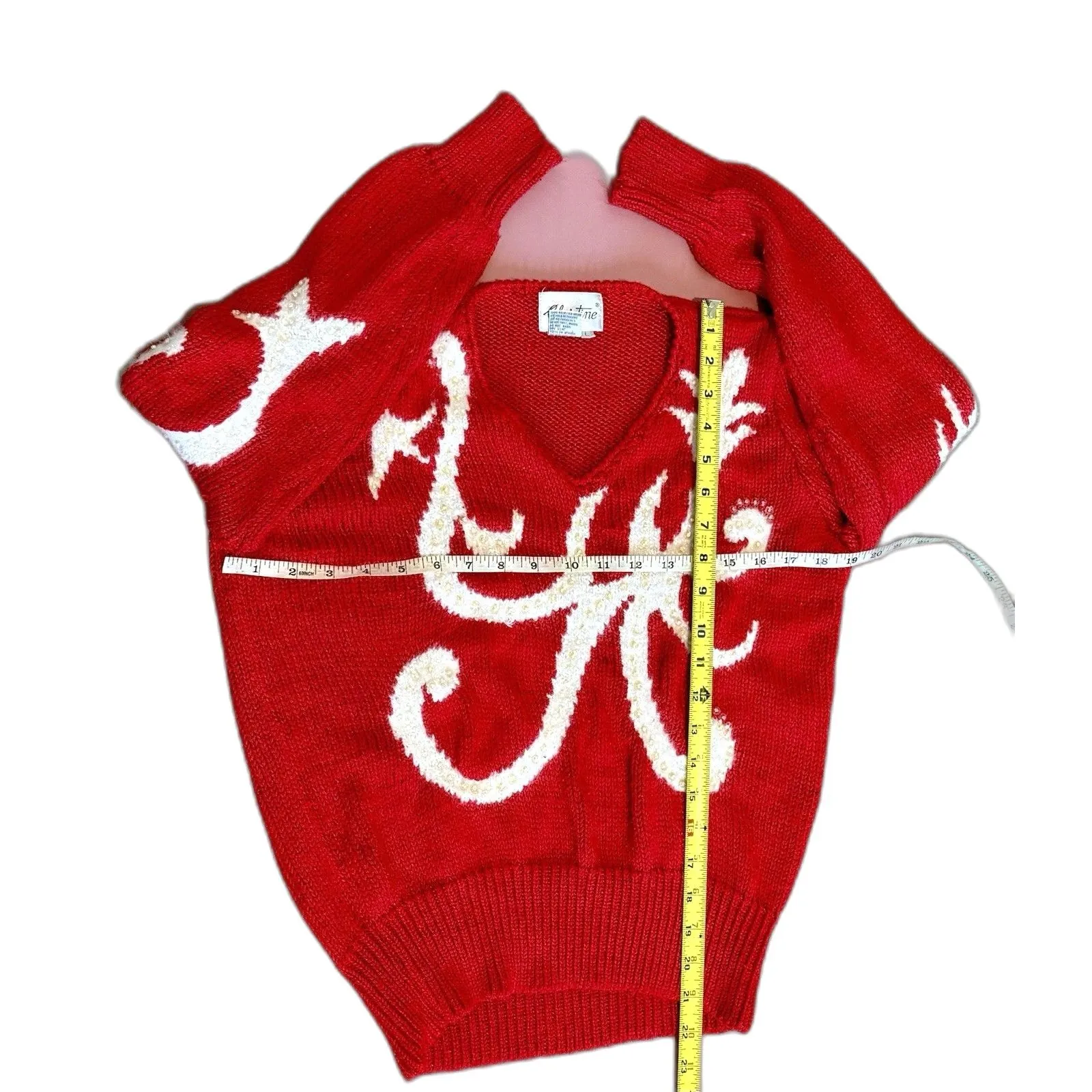 VINTAGE Christine Women’s L Sweater Red White Long Puff Sleeve V Neck Knit Size L - Image 6