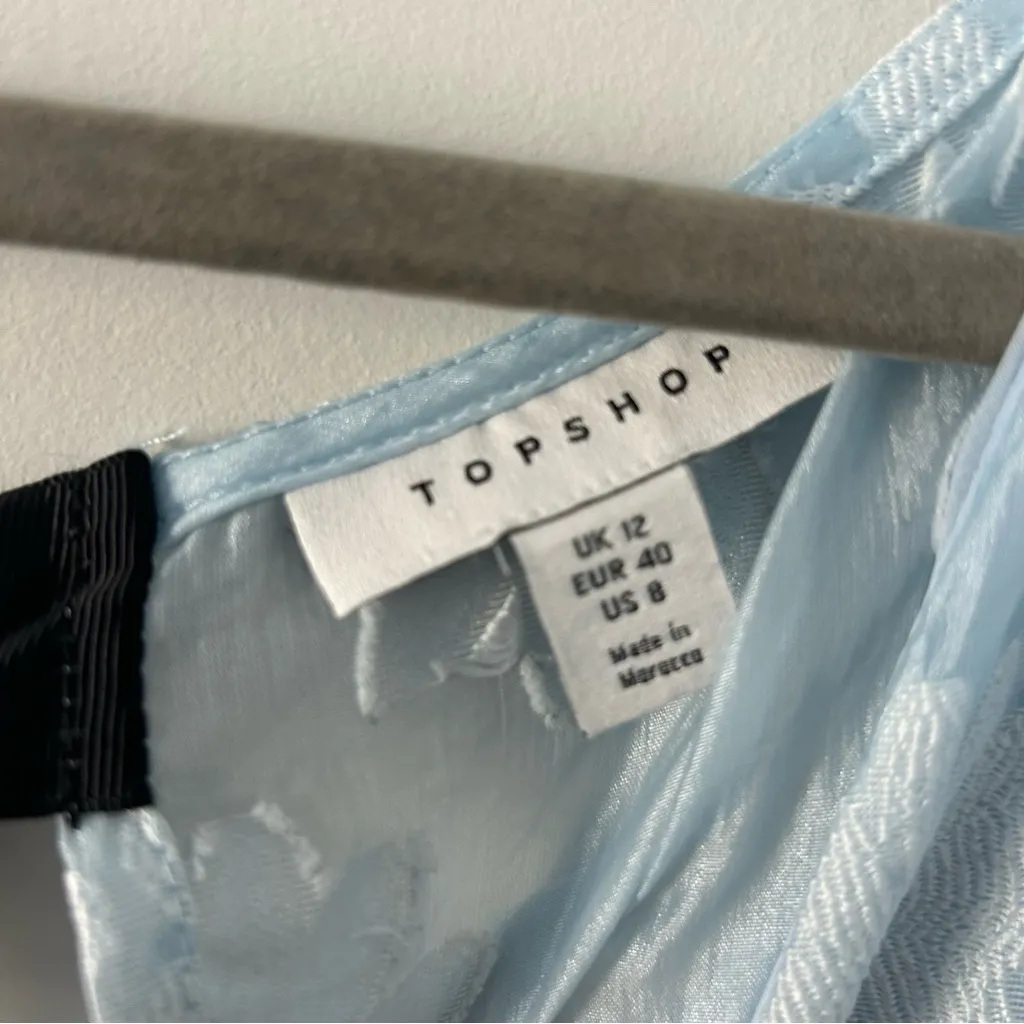 TopShop Baby Blue Floral Embossed Puff Sleeve Babydoll Mini Dress 8 - Image 6