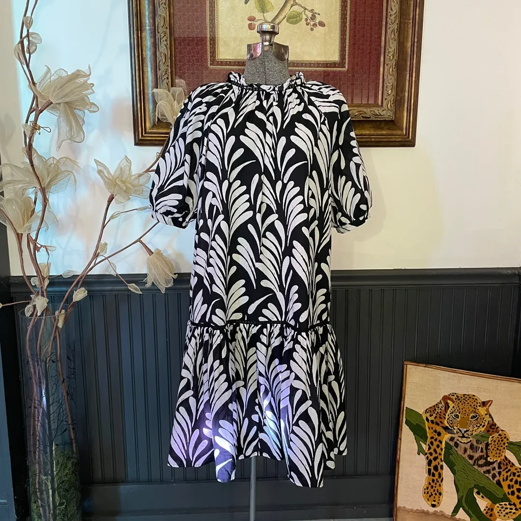 Caslon Puff Sleeve Botanical Printed Cotton Shift Drop Waist Dress - Sz M 💚🎀 - Image 4