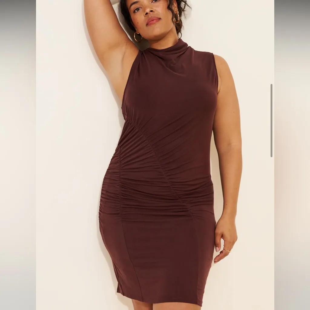 Anthropologie Ruched Mock-Neck Knit Dress Medium Cocoa Plum Brown - Image 14