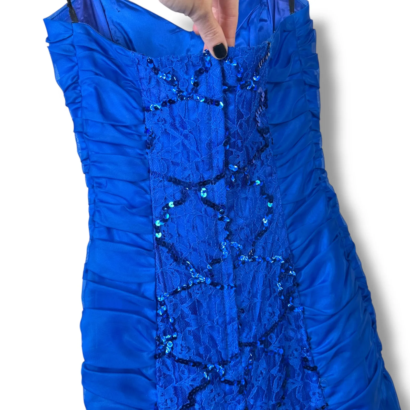 Vintage Roberta California Blue Sequin Lace Bow Bodycon Midi Dress Size 3/4 - Image 5