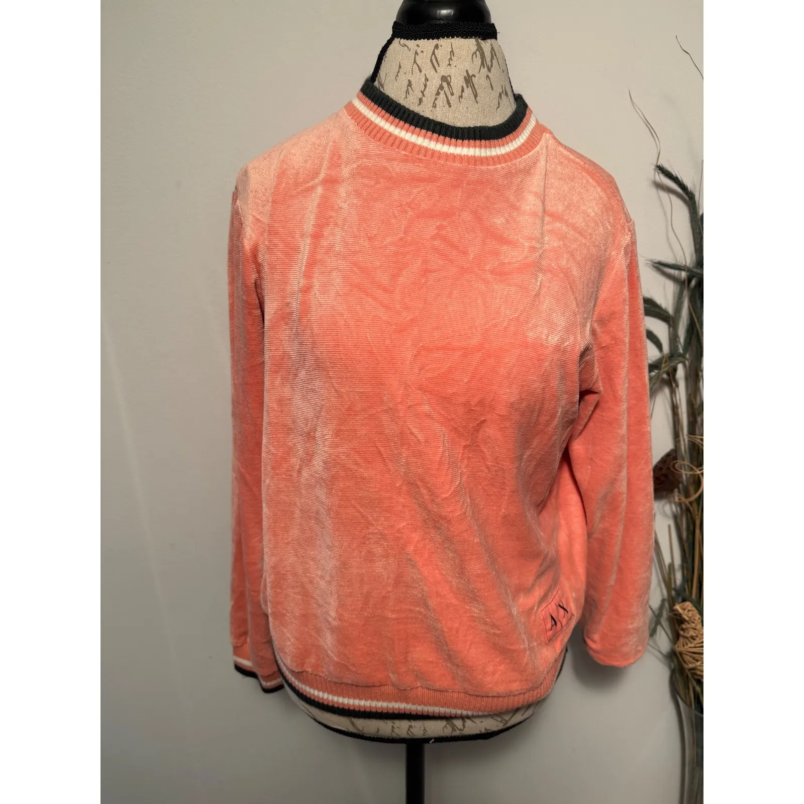 Armani Exchange Velour Crewneck Sweatshirt Coral Ribbed Trim Logo Women - Image 2