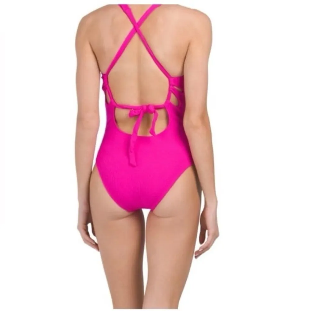 BECCA Virtue Ribbed Skylar Plunge One-Piece Pomegranate barbie pink strappy back - Image 8