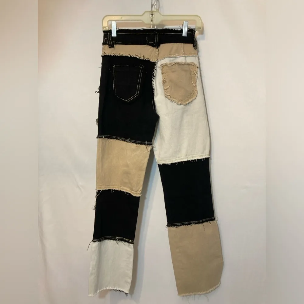 JEANS Black White Tan Patchwork Straight Leg Cut Off High Rise Jean Pants Size 27 - Image 8