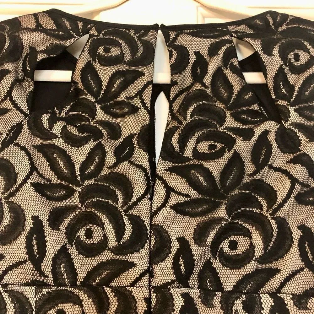 Maggie London Form Fitting Knee Length Black Lace Over Nude Lining Size 10 - Image 5