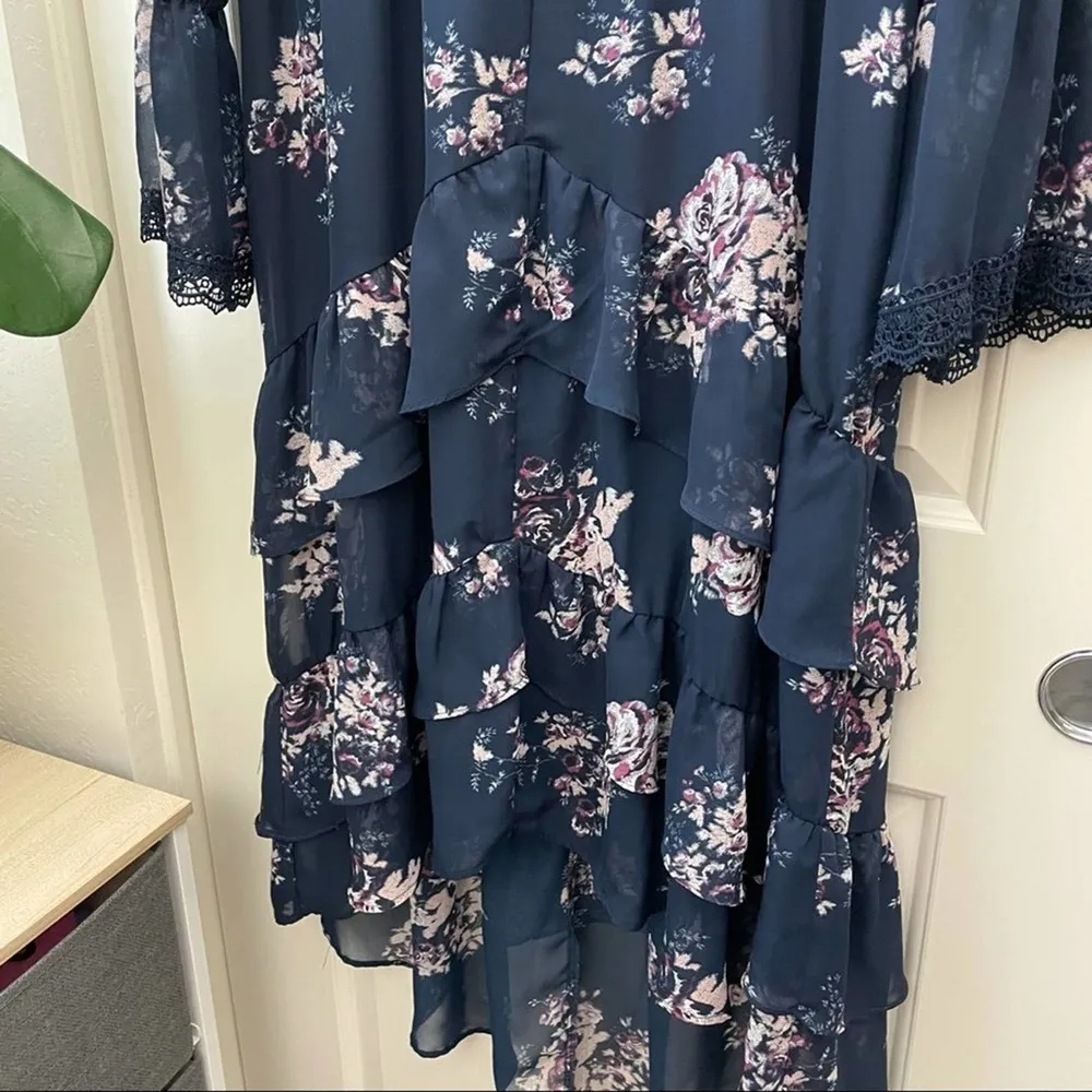 Xhilaration Navy Floral Ruffle MIDI Dress Long Sleeve Pink S - Image 10