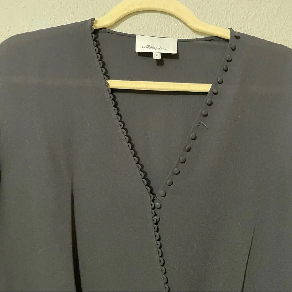 3.1 Phillip Lim Black Silk V Neck Long Sleeve Blouse Women 8 Ruffled Bell Sleeve - Image 12