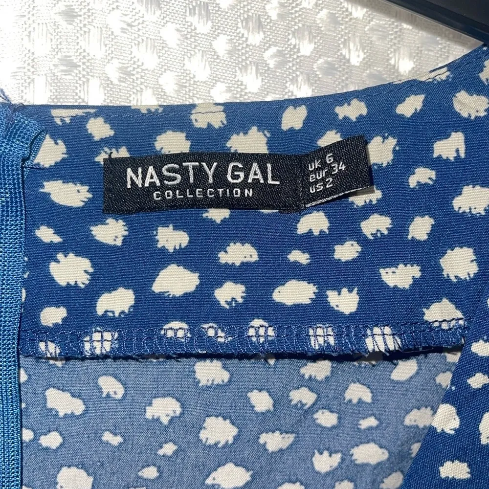 Nasty Gal Sexy Silky Floral Mini Dress 2 Blue Long Sleeve Open Tie Front - Image 4