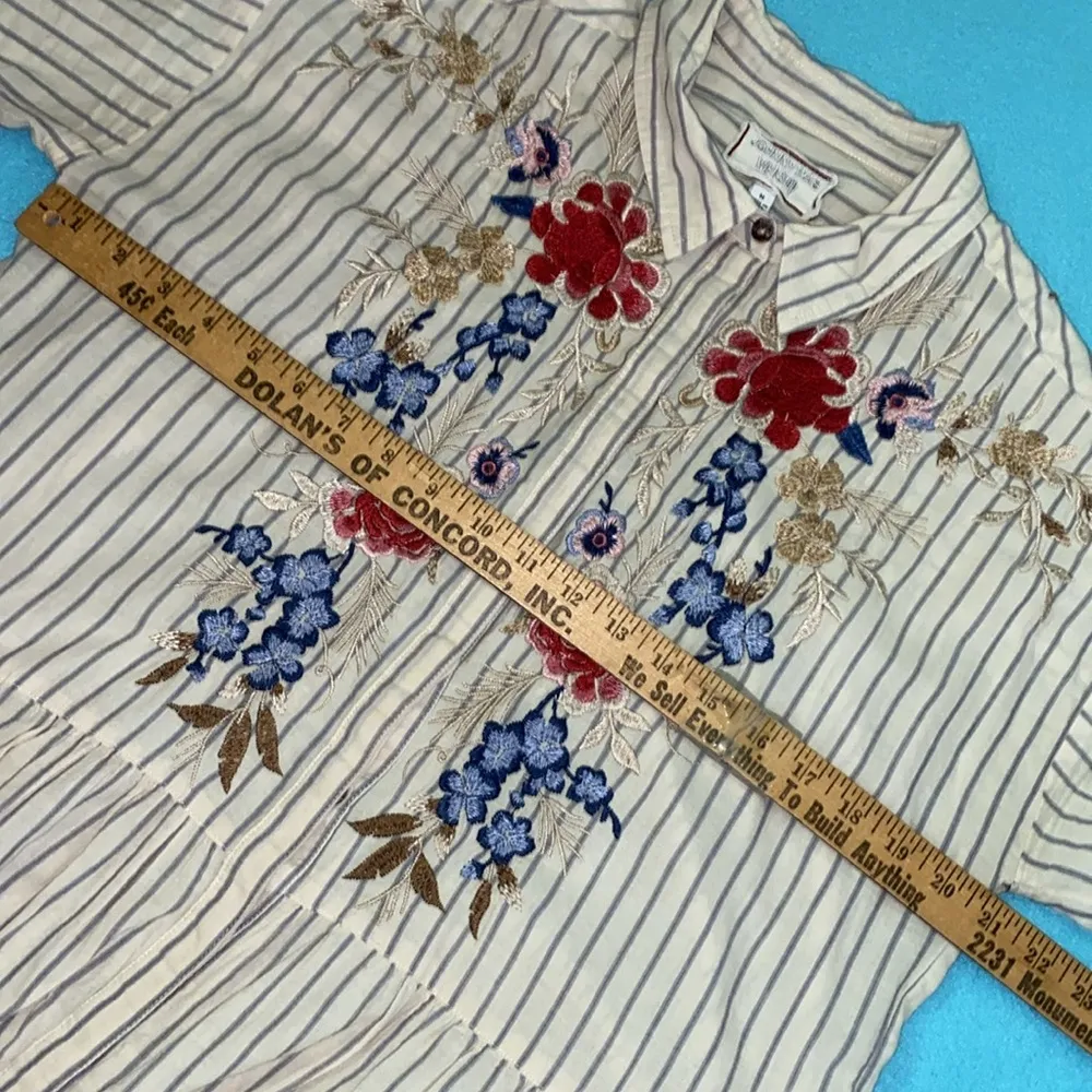 JOHNNY WAS embroidered floral striped long sleeve button up blouse tunic size M - Image 12