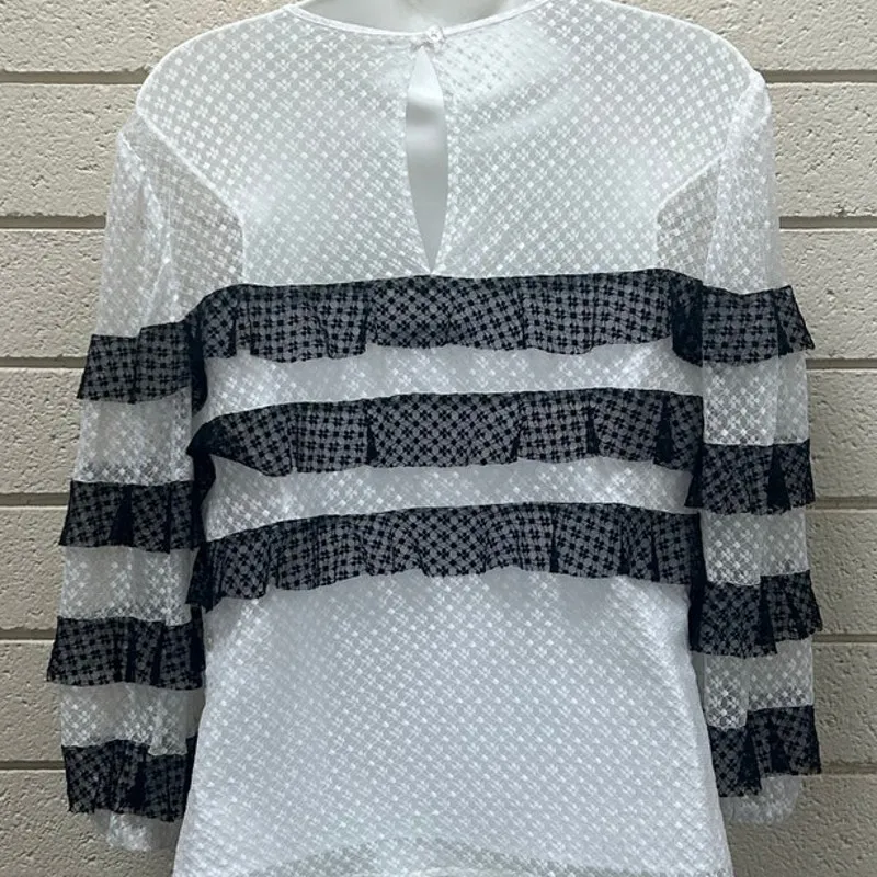 Milly  Gabriella Two Tone Silk Blend Lace Ruffled Blouse size M - Image 5